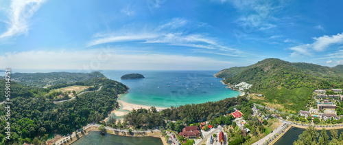 Amazing Panorama view seashore and mountains, Aerial view of Tropical sea in the beautiful Phuket island Thailand, Travel and business tour website background concept