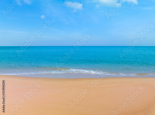 Beautiful sandy beach and sea with clear blue sky background, Amazing beach blue sky sand sun daylight relaxation landscape view in Phuket island Thailand, Summer and travel background