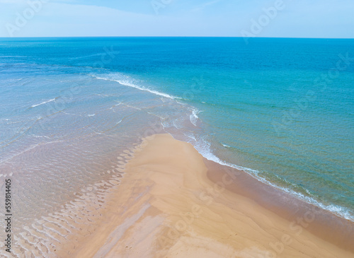 Beautiful sandy beach and sea with clear blue sky background, Amazing beach blue sky sand sun daylight relaxation landscape view in Phuket island Thailand, Summer and travel background