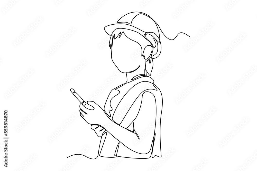 Single one line drawing Little girl with a safety helmet on her head and a walkie talkie in her hands. Cargo Concept. Continuous line draw design graphic vector illustration. Single one line drawing Little girl with a safety helmet on her head and a walkie talkie in her hands. Cargo Concept. Continuous line draw design graphic vector illustration.