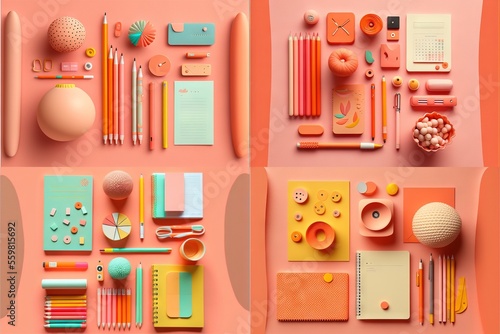 a collection of colorful objects on a pink background, including a notebook, pencils, and a ball of yarn, all arranged in a variety of different shapes and sizes and sizes,.