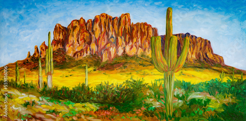 Arizona Sedona desert mountain landscape, Superstition Mountains, oil painting photo