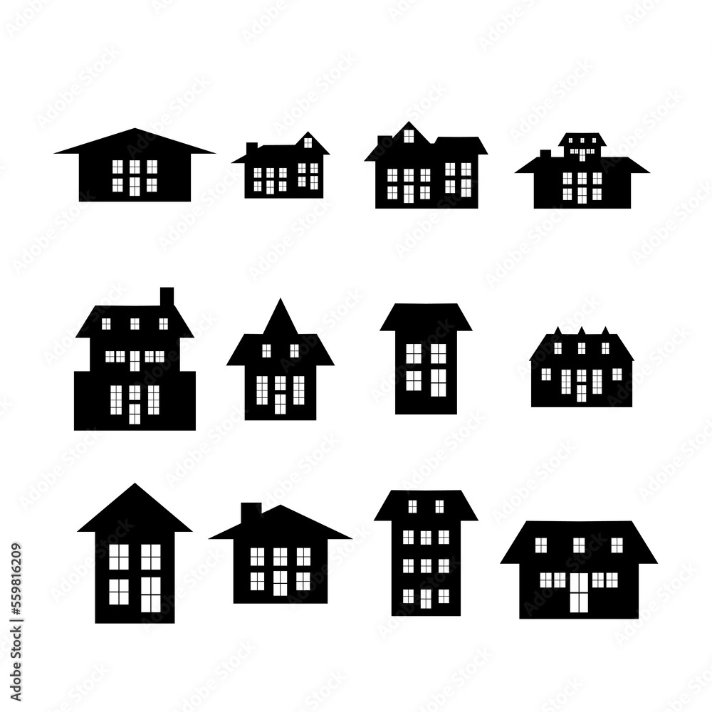set of house icons in black and white colors.