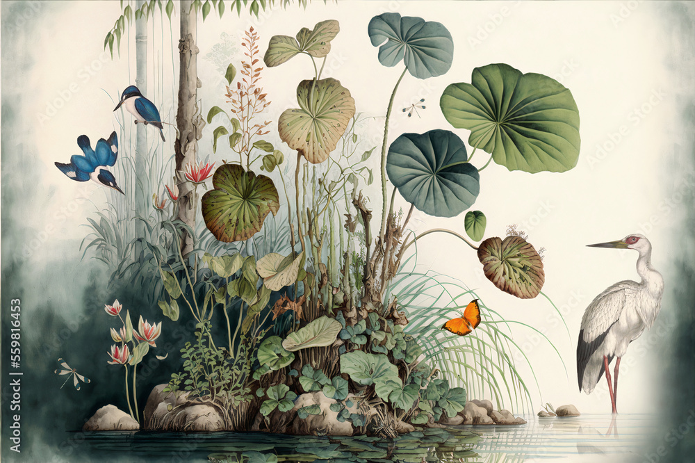 Vintage wallpaper of forest landscape with lake, plants, trees, birds, herons, butterflies and insects - obrazy, fototapety, plakaty 