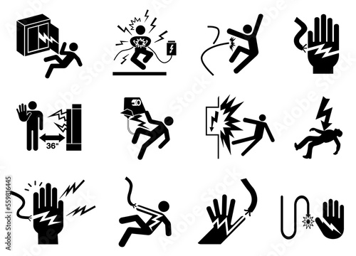 Set Black Icon Of Electrical Hazard Symbol Sign, Vector Illustration, Isolate On White Background Label. EPS10