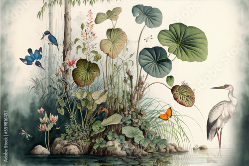 Fotobehang Vintage wallpaper of forest landscape with lake, plants, trees, birds, herons, b