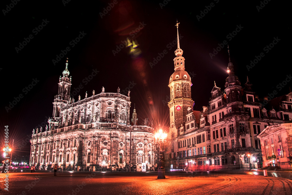 Catholic Court Church (Katholische Hofkirche) in the center of old town in Dresden in evening on lamps light