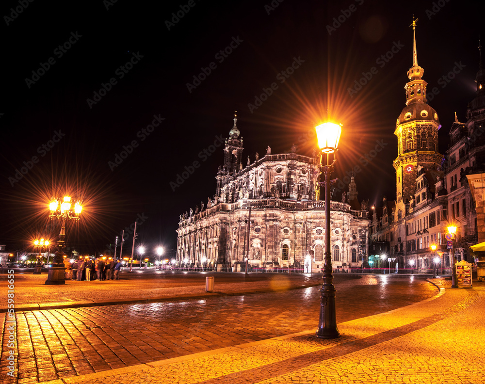 Catholic Court Church (Katholische Hofkirche) in the center of old town in Dresden in evening on lamps light