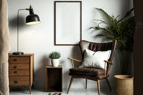 Vintage wooden toilet, chair, footrest, black lamp, and attractive personal accessories decorate this stylish and retro living room. Map mock up hanging on the wall. Template. retro interior design photo