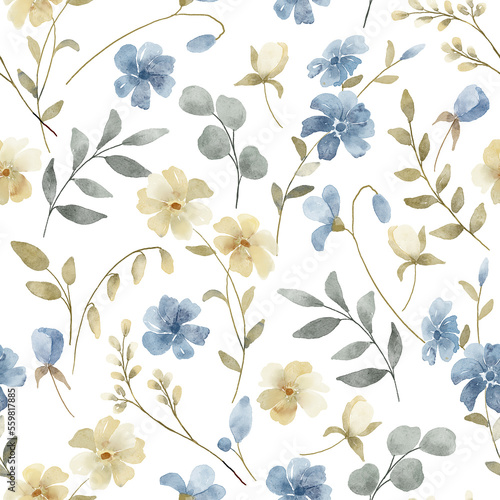 Fototapeta Naklejka Na Ścianę i Meble -  Seamless pattern with watercolor flowers, repeat floral texture, background hand drawing. Perfectly for wrapping paper, wallpaper, fabric, texture and other printing.