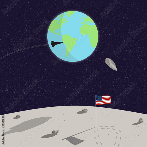 US flag on moon surface with Earth , asteroid and spaceship on a back, vector design