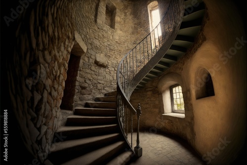 a spiral staircase in a stone building with a window and a railing in the middle of the room and a stone wall and floor below it  a stone wall with a window and a.