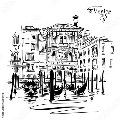 Vector black and white sketch of Palazzo in Venetian Gothic style on Grand Canal, Venice, Italy.