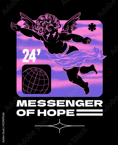 This retro inspired design features a dark angel illustration set against a backdrop of swirling clouds, globe and slogan. Perfect for use on t shirts and posters
