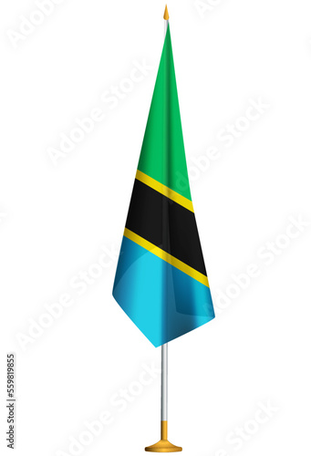 Isolated small national flag of Tanzania vector with golden flagpole.Standing miniature flag of Tanzania