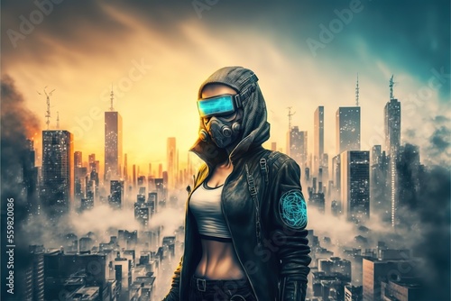 Cyberpunk girl in a mask with a hood © Анастасия Птицова