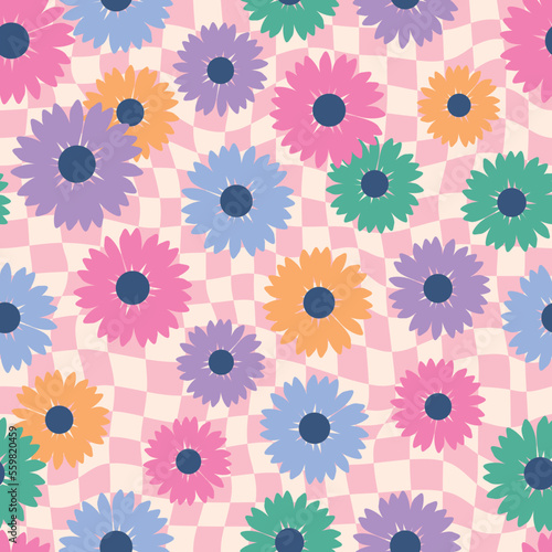 Nostalgic vintage groovy daisy flower seamless pattern on wavy checkerboard background