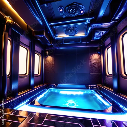 Dark technopunk stripcore heavy metal bar, futuristic cyberpunk luxury secluded hot tub spa pool landscape photo