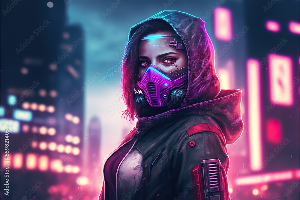 Illustrazione Stock Cyberpunk girl in a mask with a hood