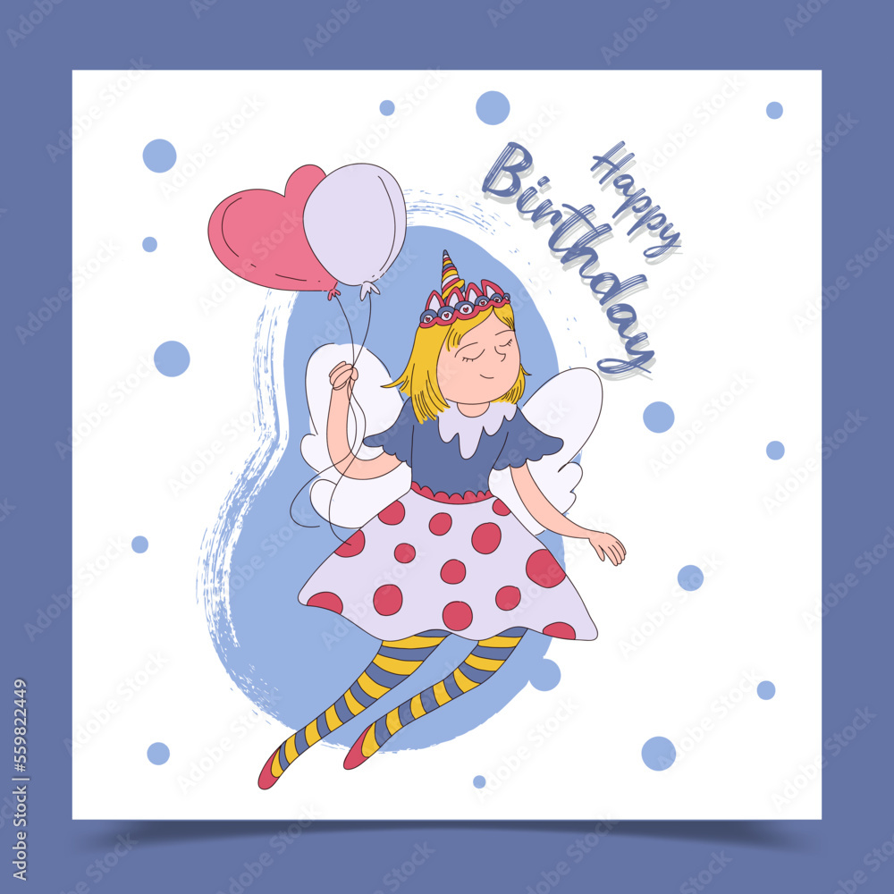 Happy birthday card decorated with girl holding balloons Happy birthday card decorated with girl holding balloons