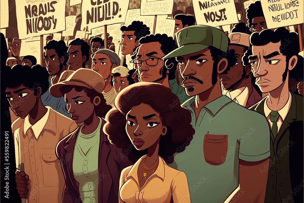 Obraz premium Black History Month celebration, group of people act of activism, protesting crowd of black people, African American people mob in style of cartoon Ai Generated Art