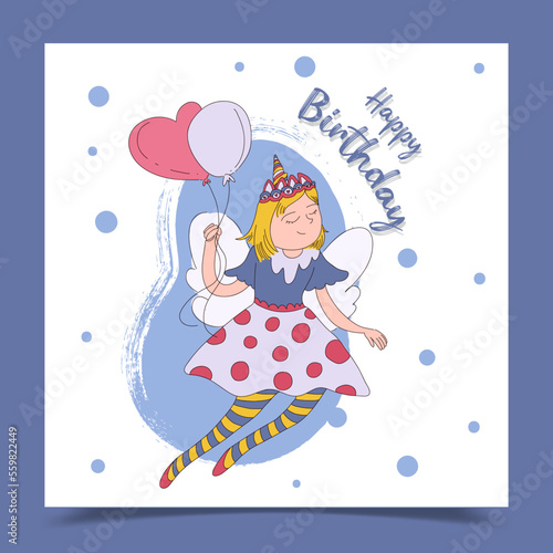 Happy birthday card decorated with girl holding balloons