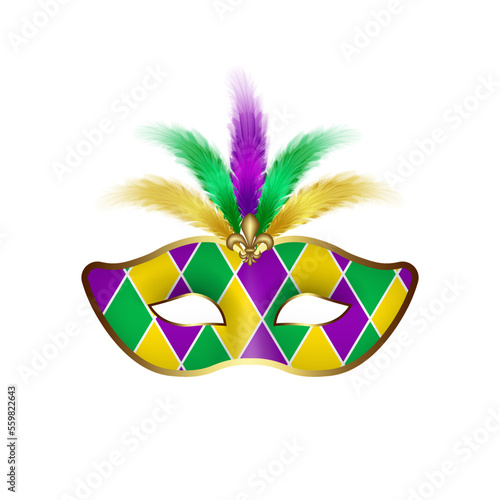 mardi gras isolated mask with feathers and gold lily. green, yellow and purple mask
