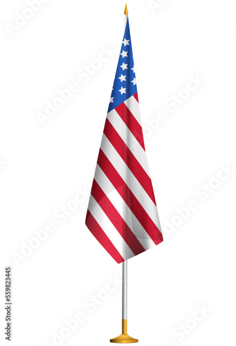Isolated small national flag of USA vector with golden flagpole.Standing miniature flag of America