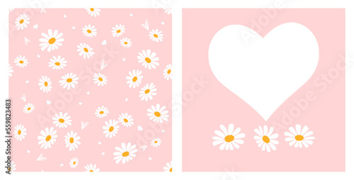 Seamless pattern with hand drawn daisy flower and hearts on pink background. White heart and daisy flower set icon sign on pink background vector illustration.
