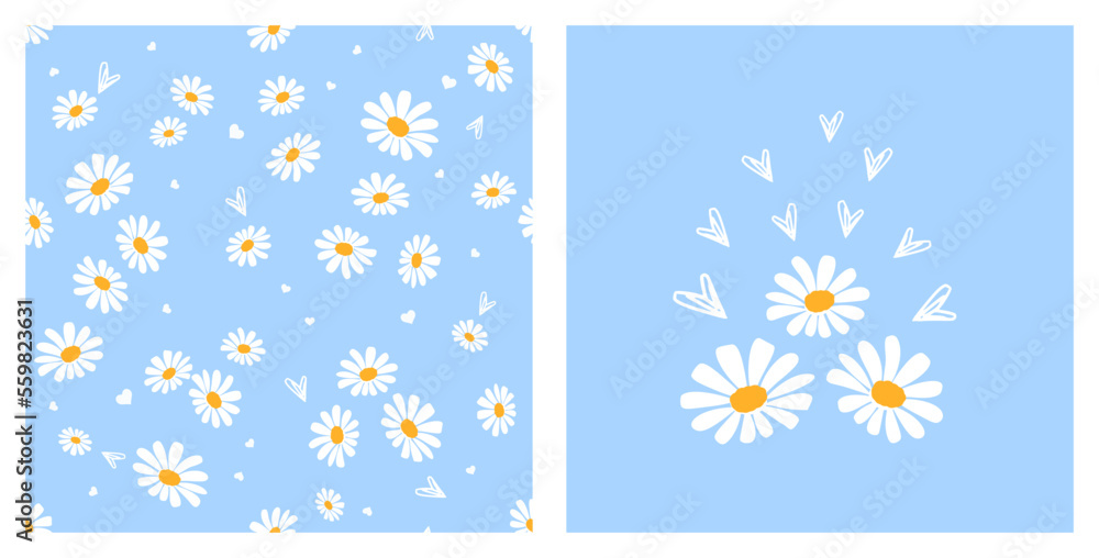 Seamless pattern with hand drawn daisy flower and hearts on blue background. White heart and daisy flower set icon sign on pink background vector illustration.