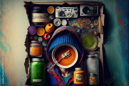 a painting of a person with a bowl of soup in front of a wall with various spices and condiments on it, and a camera and a camera in the background is a torn out of a cardboard.