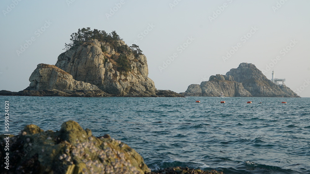 Oryukdo Island seen over the rocky coast