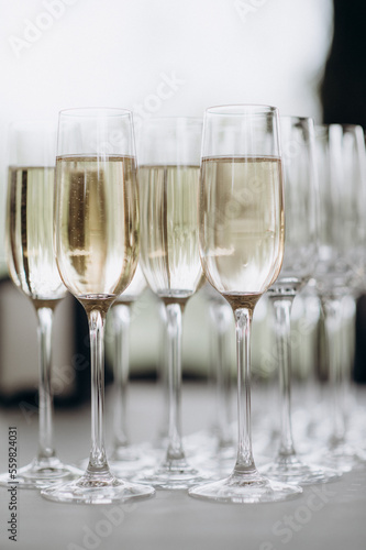 buffet, champagne glasses, champagne bubbles close-up