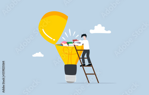Knowledge accumulation, continuous learning for 
success or improvement, education to enhance skills concept, businessman climbing ladder to collect books in opening light bulb.