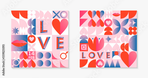 Valentines Day pattern templates.Romantic vector wallpapers in bauhaus style with geometric elements and symbols.Modern trendy designs for prints,banners,fabric,invitations,branding,covers.