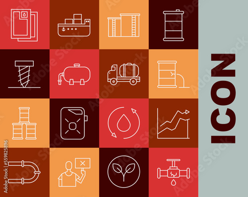 Set line Broken pipe with leaking water, Oil price increase, Barrel oil, industrial factory building, Rotating drill digging hole, and Tanker truck icon. Vector