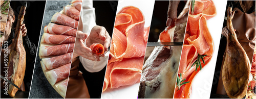 Food collage of Jamon Prosciutto, appetizer Festive Appetizer. Long banner format