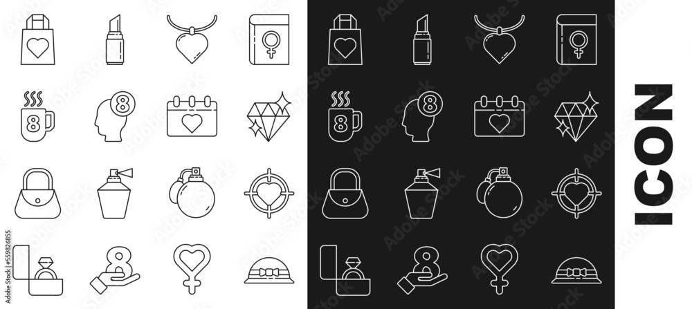 Set line Elegant women hat, Heart in the center of target aim, Diamond, Necklace with heart shaped pendant, 8 March human head, Coffee cup, Shopping bag and Calendar icon. Vector Set line Elegant women hat, Heart in the center of target aim, Diamond, Necklace with heart shaped pendant, 8 March human head, Coffee cup, Shopping bag and Calendar icon. Vector