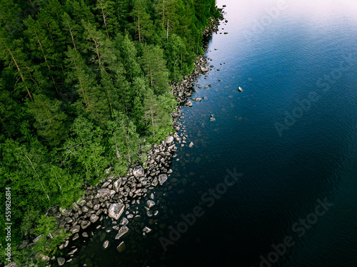 Aerial view of blue lake stone shore and and green woods with pine trees in Finland. photo