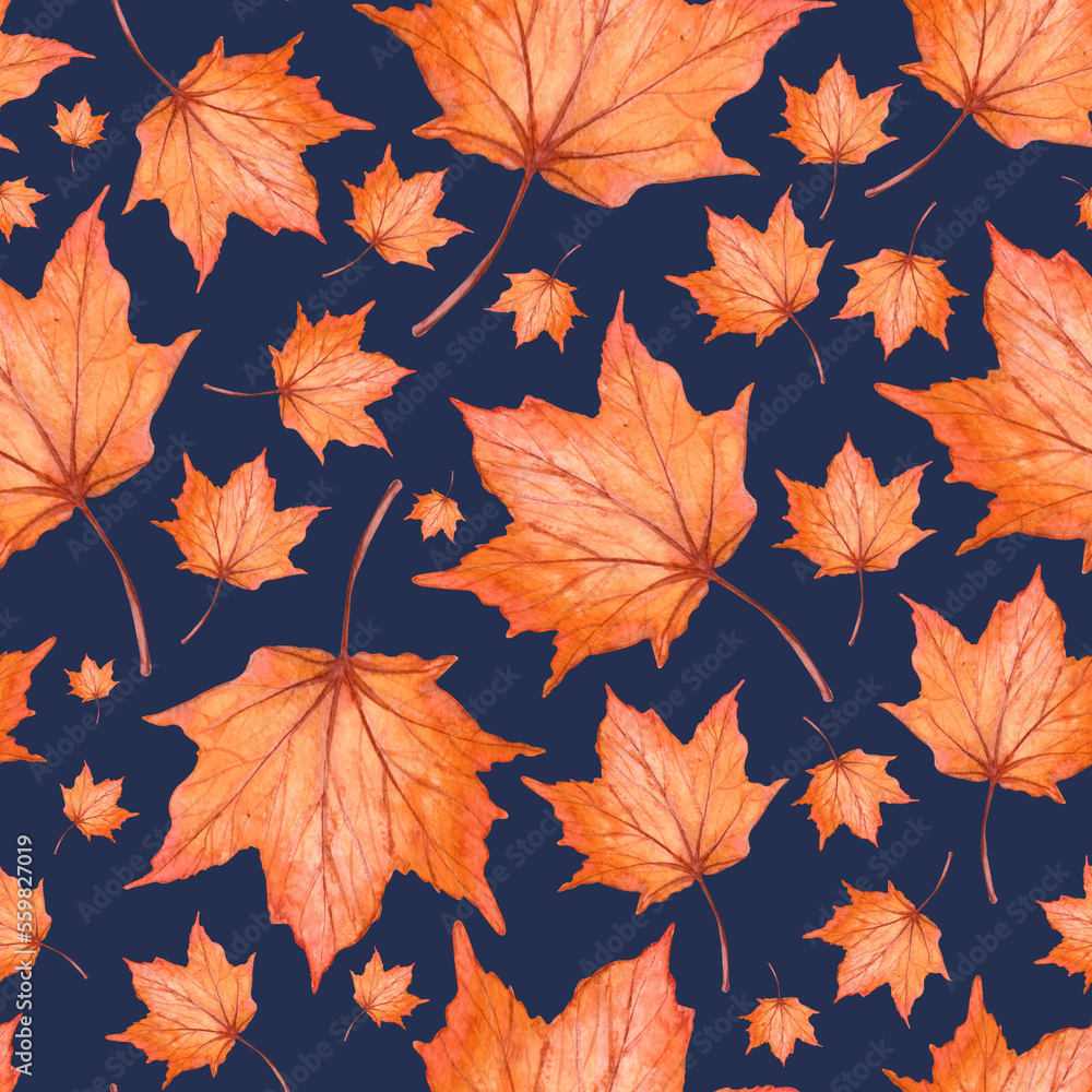 Watercolor seamless hand drawn pattern with red maple leaves Watercolor seamless hand drawn pattern with red maple leaves