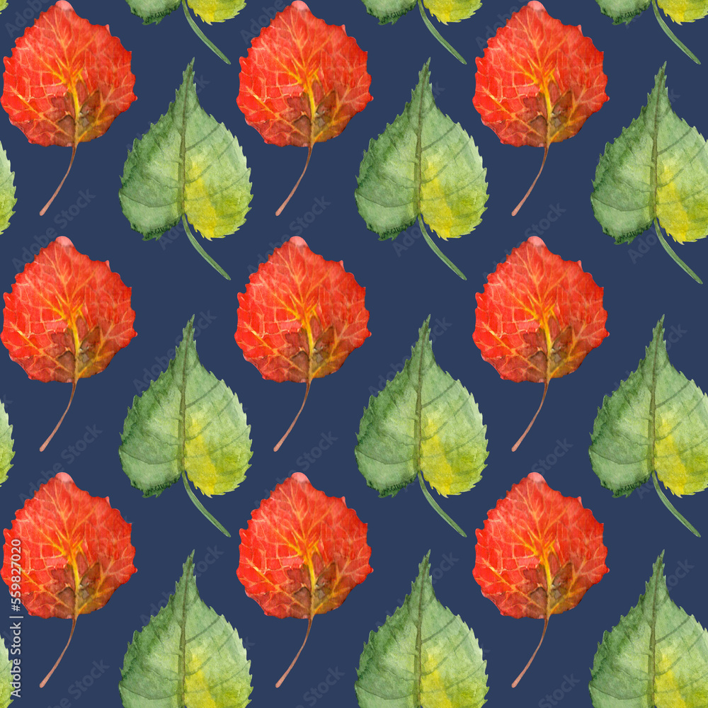 Obraz premium Watercolor seamless hand drawn pattern with green leaves of aspen and linden