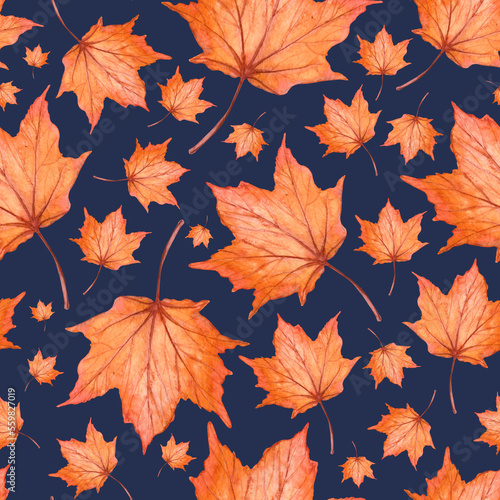 Watercolor seamless hand drawn pattern with red maple leaves