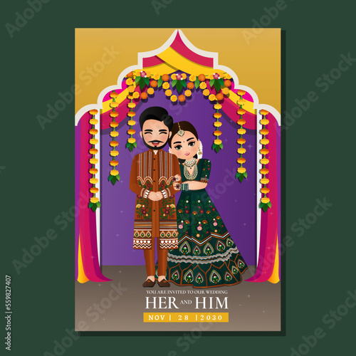 Cute hindu couple in traditional indian dress cartoon character.Romantic wedding invitation card
