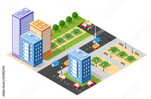 Isometric 3D illustration of the city quarter with houses,