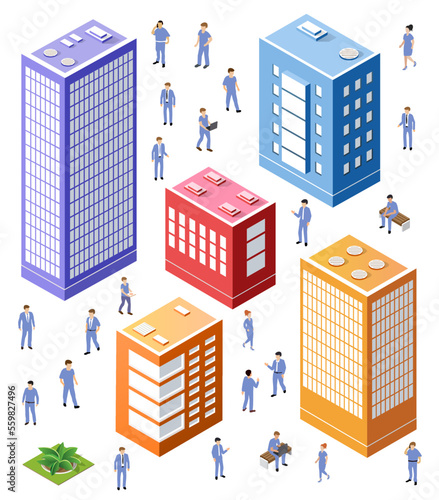 Isometric 3D illustration of the city quarter with houses,
