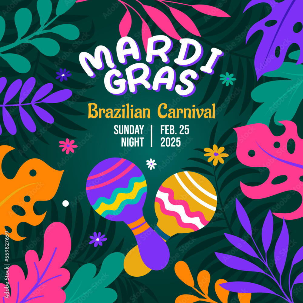 Mardi gras carnival background with blue and colorful decorative flat elements
