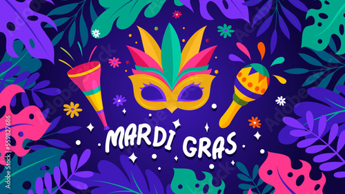 Mardi gras carnival background with blue and colorful decorative flat elements