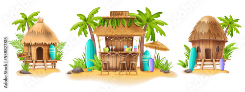 Fotografiet Beach shack house, Hawaiian bamboo hut bar surfboard, vector surfing bungalow, tropical plants