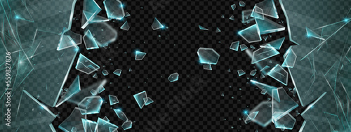 Broken glass vector shatter explosion fragments on transparent background, 3D sharp ice splinters. Danger flying crystal piece, destroy windshield smithereens concept. Broken glass realistic clipart