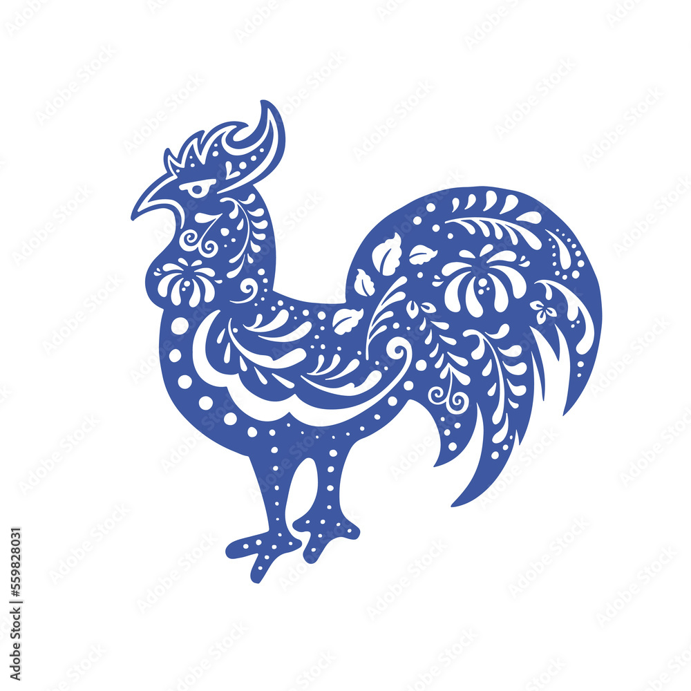 Rooster, blue ethno hen in gzhel painting style and vector illustration